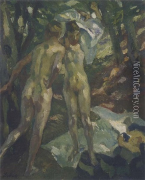 Zwei Weibliche Akte Im Wald Oil Painting - Leo Putz