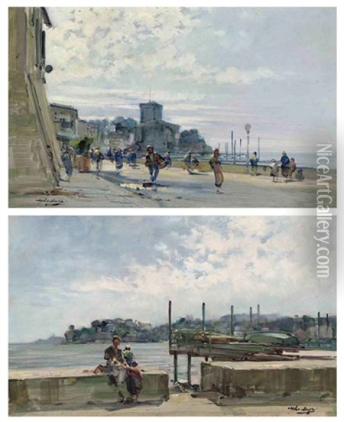 A Bustling Italian Quayside (+ A Family Before An Italian Bay; Pair) Oil Painting - Cesare Gheduzzi