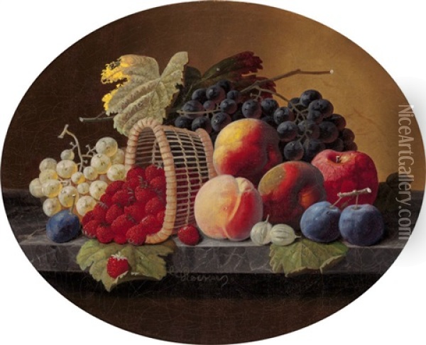 Still Life With Peaches, Grapes And Basket Of Strawberries Oil Painting - Severin Roesen