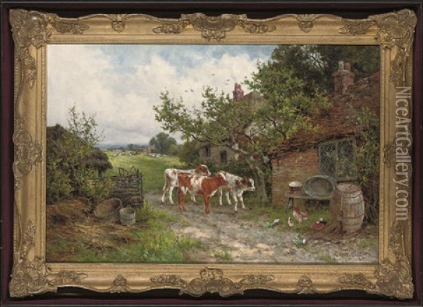 A Farmyard Discussion Oil Painting - Henry H. Parker