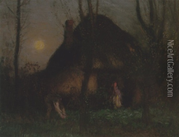 Moonlit Landscape With Cottage Oil Painting - Sir George Clausen