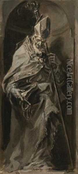 A Bishop Saint, Full Length, Standing In A Niche, A Crozier Held In His Left Hand Oil Painting - Alessandro Magnasco