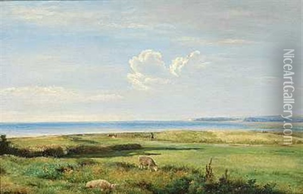 Graessende Far Pa En Strandeng Med Havet I Baggrunden Oil Painting - Thorald Brendstrup