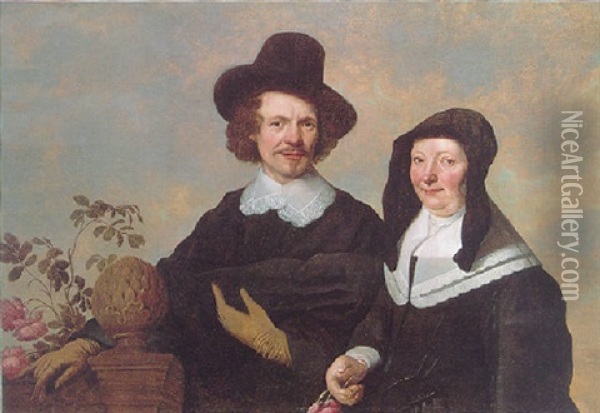 Portrait Of A Couple Wearing Black, His Right Hand Resting On A Balustrade With Roses Behind, Her Right Hand Holding A Rose Oil Painting - Jacob Frans van der Merck