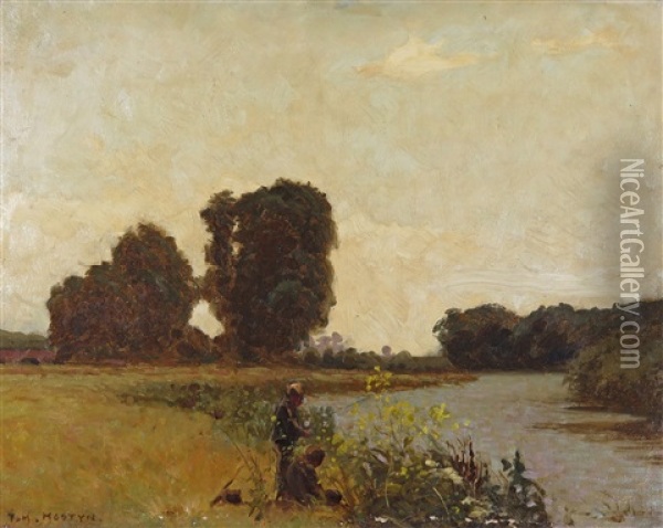 Boys Fishing On A River Oil Painting - Thomas Edwin Mostyn