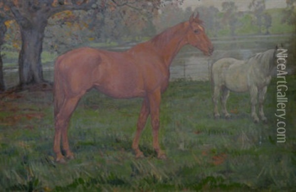 Horses In A Meadow Oil Painting - Joseph Denovan Adam