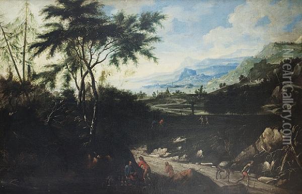An Extensive Landscape With Falconers Restingbeside A Country Path In The Foreground, A Mountainous Coastbeyond Oil Painting - Anton Faistenberger