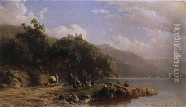 Hirten Und Angler Am See Oil Painting - Karl Girardet