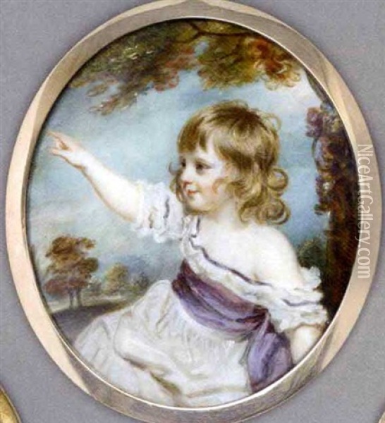 Francis George Hare As A Child With His Right Arm Raised, In Purple-bordered White Dress With Wide Purple Sash, Long Curling Hair; Tree And Foliate Background Oil Painting - William Grimaldi