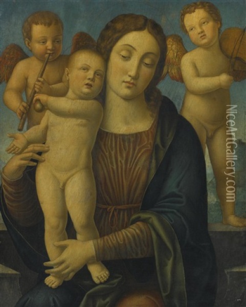 The Madonna And Child Seated On A Ledge With Musical Angels, A Mountainous Landscape Beyond Oil Painting - Andrea Mantegna