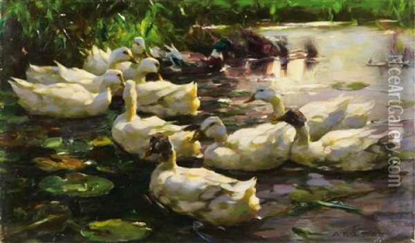 Enten Im Wasser (fohnstimmung) Oil Painting - Alexander Max Koester