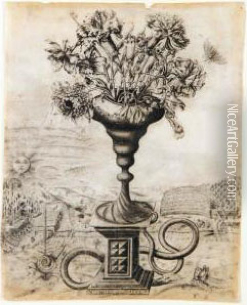 A Title Page For A Book With An Allegorical Subject: At The Centre A Large Vase With Carnations And Peonies Oil Painting - Louis Meunier
