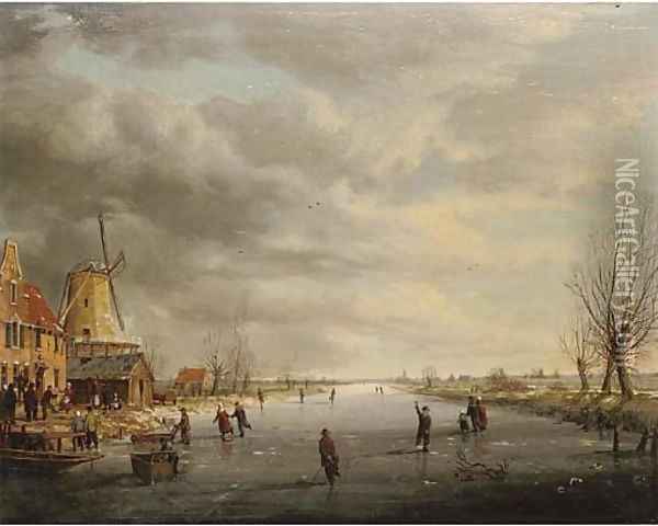 Figures on a frozen canal Oil Painting - Charles Leickert