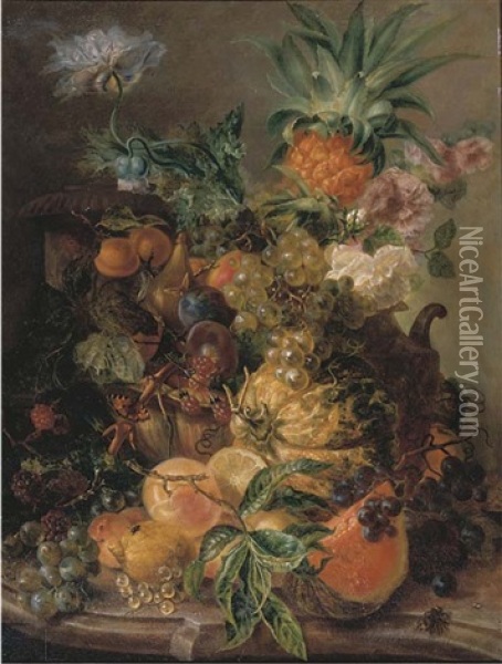 Peaches, Plums, Grapes, Lemons, A Melon, A Pineapple And Rosehips On A Stone Ledge With A Bee Oil Painting - Paul Theodor van Bruessel