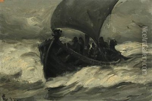 Viking Ship With Fishermen Sailing Through The Surf Oil Painting - Carl Ludvig Thilson Locher