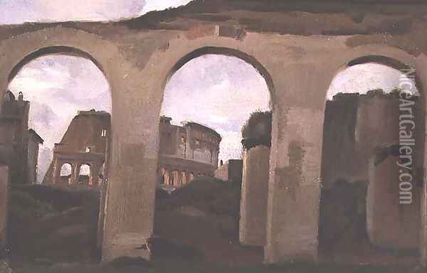 The Colosseum, seen through the Arcades of the Basilica of Constantine, 1825 Oil Painting - Jean-Baptiste-Camille Corot