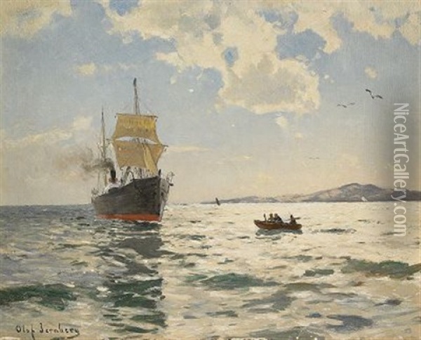 Marin Med Angfartyg Oil Painting - Olof August Andreas Jernberg