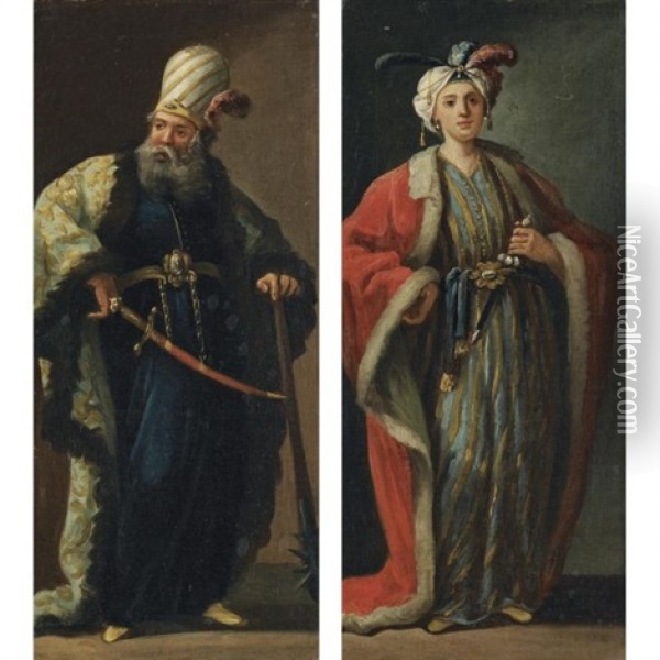 Figures, Full-length, Dressed A La Turque (pair) Oil Painting - Jean Barbault