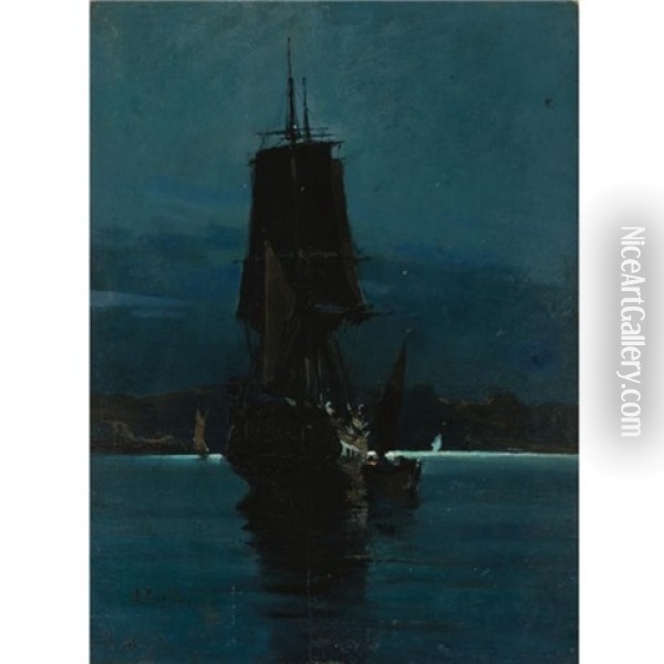 Ship By Night Oil Painting - Vasilios Chatzis