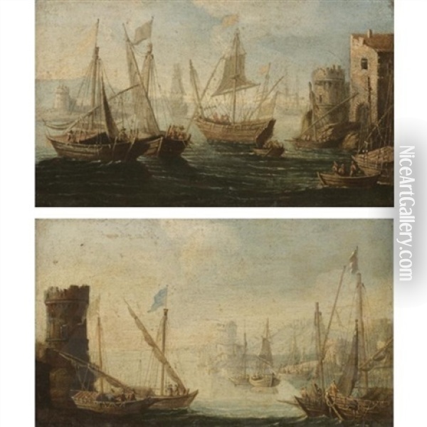 Mediterranean Harbour Scenes (+ Another, Similar; Pair) Oil Painting - Orazio Grevenbroeck