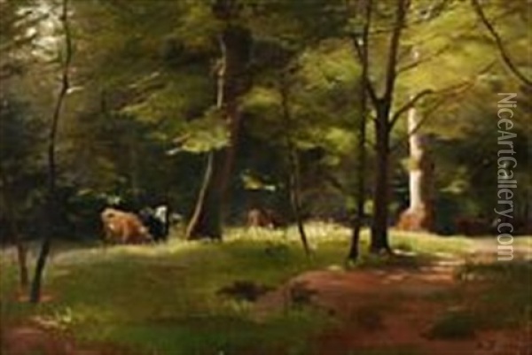 Skovparti I Solskin Med Koer Oil Painting - Karl Jensen