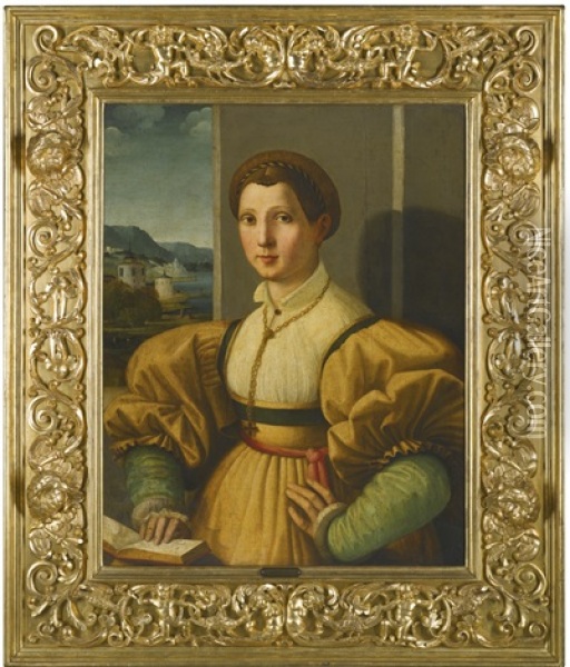 Portrait Of A Lady, Half-length, In A Yellow Dress With Green Sleeves And A Gold Chain, Resting Her Hand On A Book In An Interior, A River Landscape Beyond Oil Painting - Ezechia da Vezzano