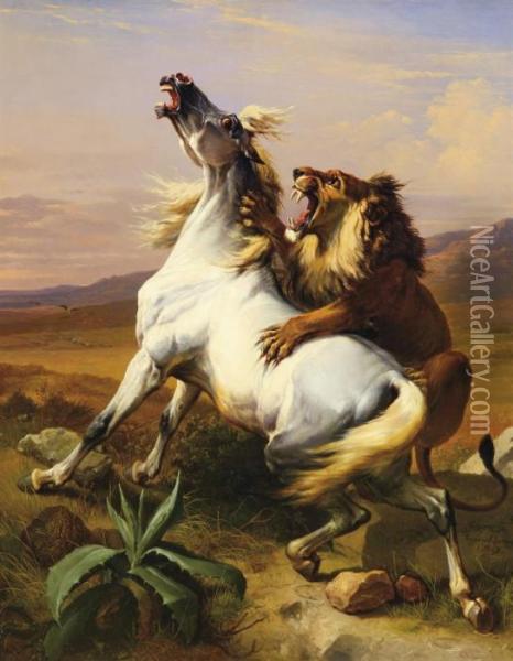 A Lion Attacking A Horse Oil Painting - Eugene Joseph Verboeckhoven