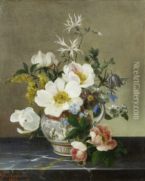Still Life Of Flowers On A Marble Ledge Oil Painting - Adolf Blankenburg
