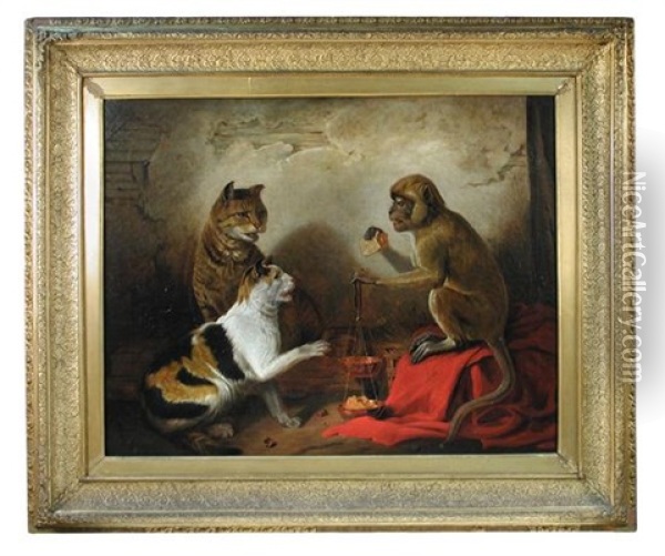 A Tabby Cat And A Tortoiseshell Cat With A Monkey With Scales Disputing Food Oil Painting - Edmund Bristow