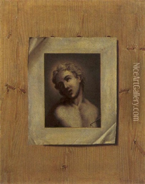 A Trompe L'oeil Of A Drawing Of Saint Sebastian Sealed With Wax To A Pine Panel Oil Painting - Johann Georg ( or Guttwein) Gutwein