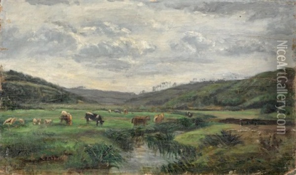 Vaches S'abreuvant Oil Painting - Louis-Hilaire Carrand