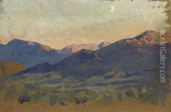 Red Mountains (study) Oil Painting - Franz Roubaud