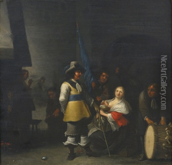 Interior Of A Guardroom With Soldiers, An Officer And A Young Woman Oil Painting - Anthonie Palamedesz