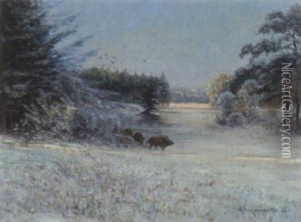 Rotte Wildsauen In Winterlandschaft Oil Painting - Friedrich Josef Nicolai Heydendahl