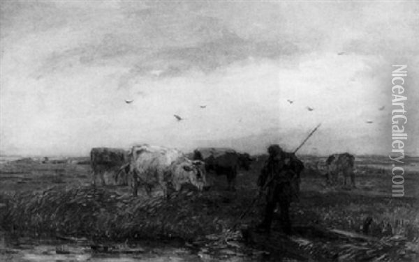 A Farmer With Cows In A Polder Landscape Oil Painting - Frans Langeveld