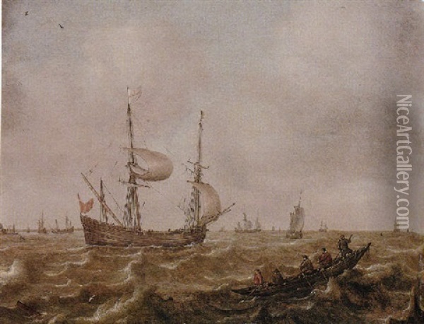 Shipping Vessels On Choppy Seas, With Men In A Fishing Boat In The Foreground Oil Painting - Justus Verwer