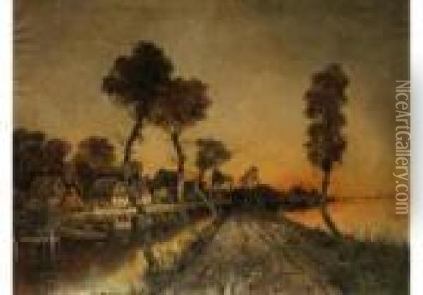Abendliche Landschaft Mit Deichweg Und Strohgedeckten Bauernhausern Oil Painting - Karl Heffner