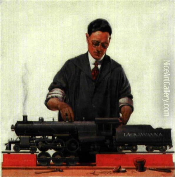 Man Working On Model Train Lackawanna Oil Painting - Howard V. Brown