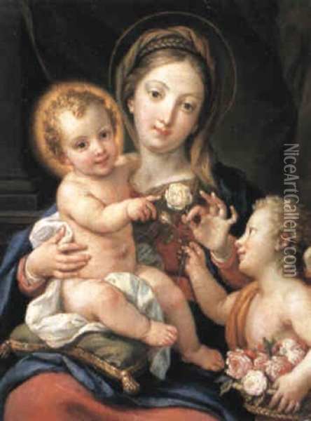 The Madonna And Child With An Angel Holding A Basket Of Flowers Oil Painting - Agostino Masucci