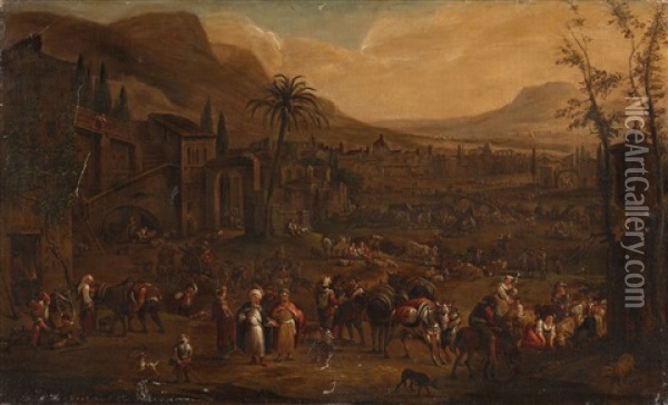 A Southern Landscape With A Market Scene Oil Painting - Adriaen Frans Boudewyns the Elder