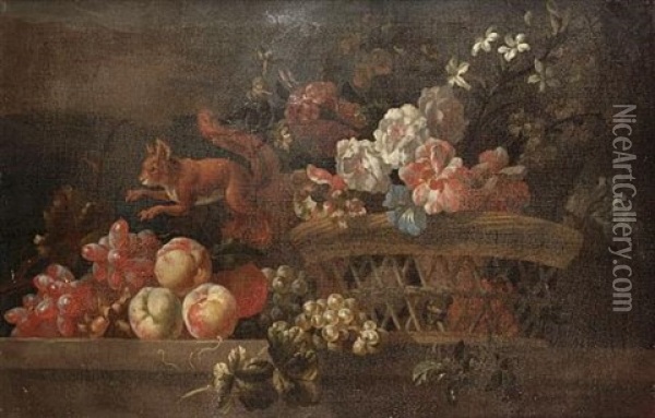 Roses, Chrysanthemums, Convulvulus And Other Flowers In A Basket With A Red Squirrel Climbing On Peaches And Grapes On A Table Top Oil Painting - Pieter Casteels III