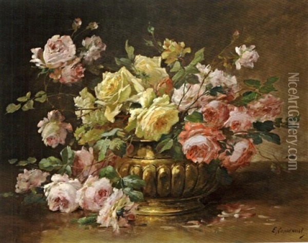 Bouquet De Roses Au Vase De Cuivre Oil Painting - Edmond Van Coppenolle