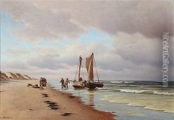 Fiskere Paa Skagen Strand Oil Painting - Johan Jens Neumann