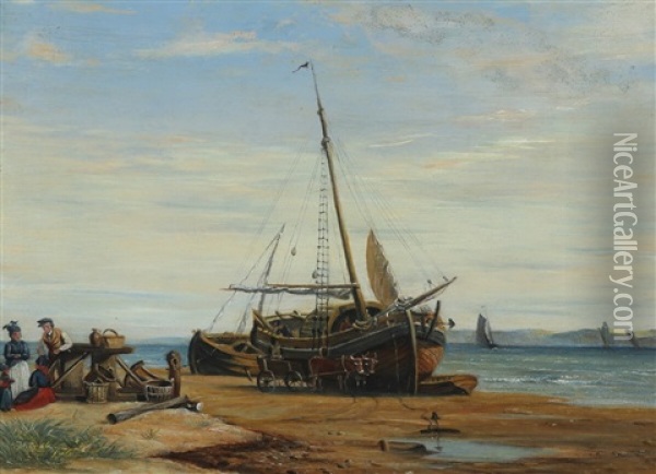 Den Store Faergebad Pa Nordby Strand Og Udsigt Til Kleverne Ved Esbjerg Oil Painting - Viggo Fauerholdt