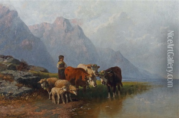 Hirtin Mit Kuhen Und Schafen An Einem Seeufer In Den Alpen Oil Painting - Christian Friedrich Mali
