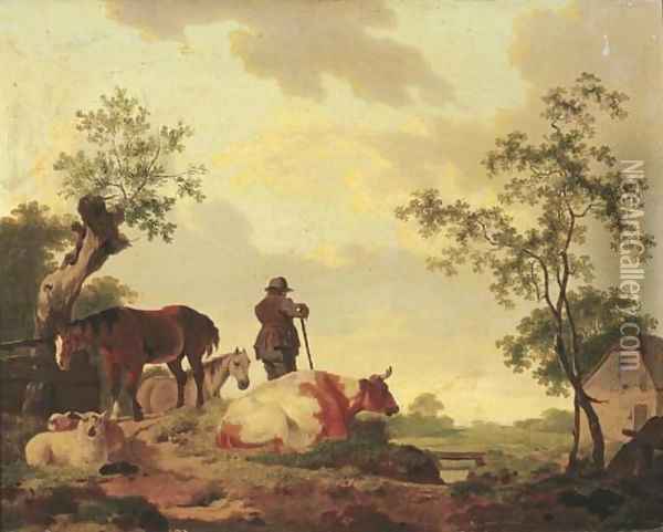 A landscape with a shepherd overlooking a river, a cow, sheep and horses nearby Oil Painting - Barend Hendrik Thier