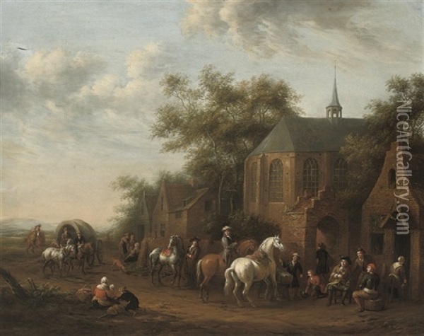 Figures On Horseback At Rest By An Inn Oil Painting - Barend Gael