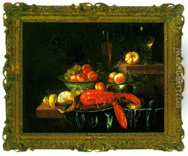 Still Life Of A Lobster On A Pewter Platter, Fruits In A Porcelain Bowl, A Wine Glass And A Roemer Oil Painting - Jan Davidsz De Heem