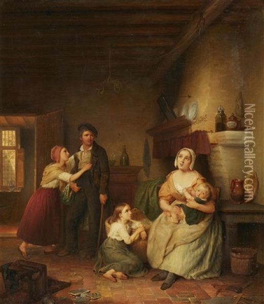 Interior Scene With A Family Oil Painting - Frans Josef Luckx