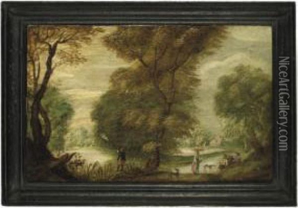 An Extensive Wooded Landscape 
With A Villager Shooting Near A Pond And Travellers Walking Along A Path Oil Painting - Isaak van Oosten